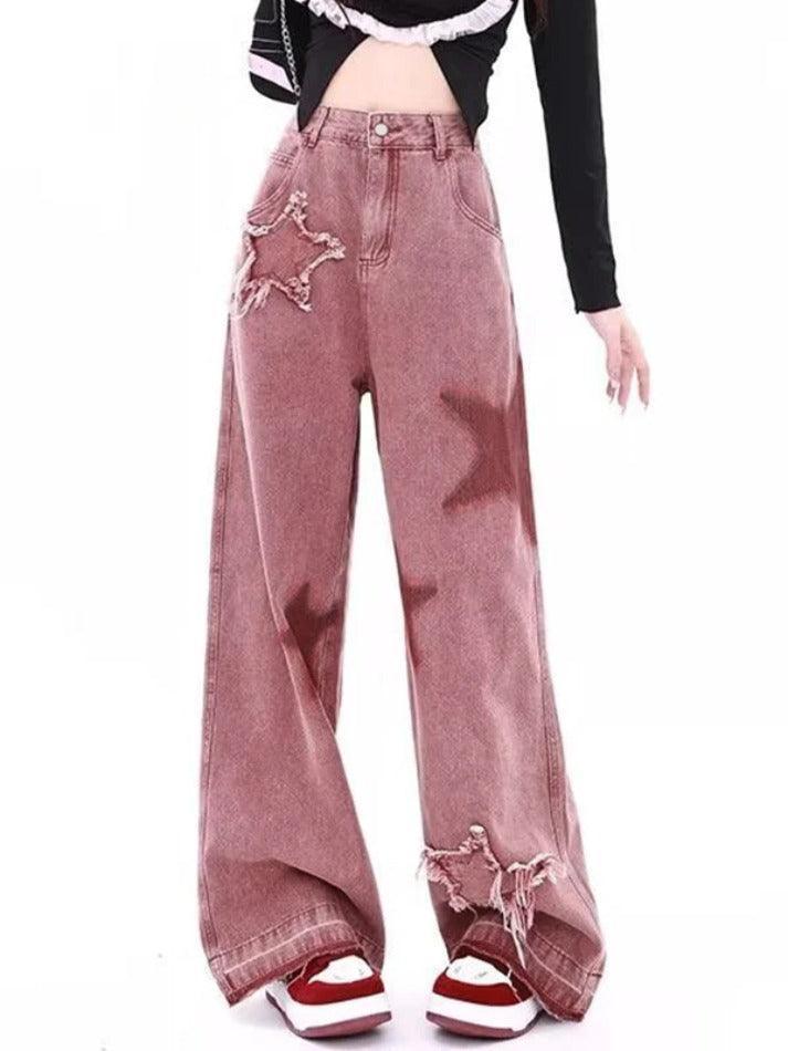 Vintage Star Print Embroidery Boyfriend Jeans