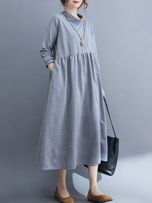 Casual Loose Long Sleeves Solid Color Stand Collar Midi Dresses