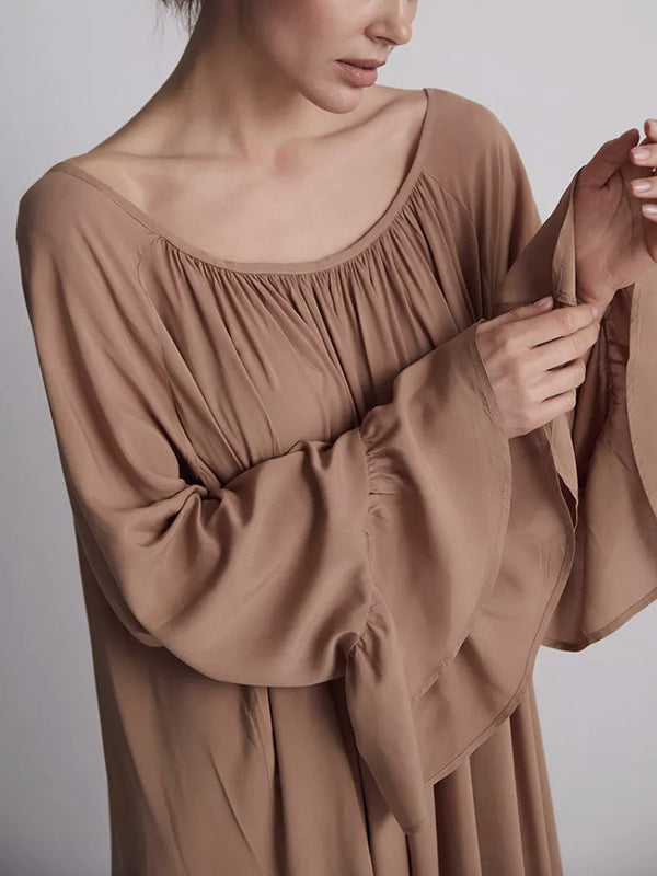 Pleated Solid Color Split-Joint A-Line Flared Sleeves Round-Neck Maxi Dresses