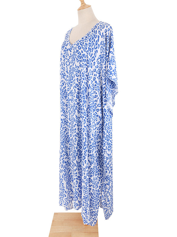 Leopard Split-Side Sun Protection Batwing Sleeves Loose V-Neck Maxi Dresses Cover-Ups Swimwear