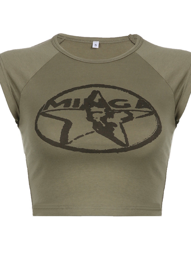 Army Green Star Printed Top