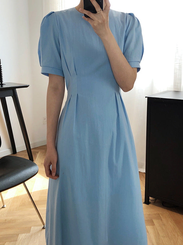 Original Creation Loose Short Sleeves Solid Color Round-Neck Midi Dresses
