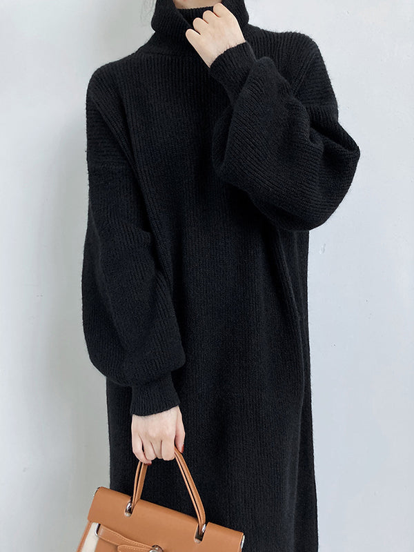 Urban Loose Puff Sleeves Solid Color High-Neck Sweater Dresses