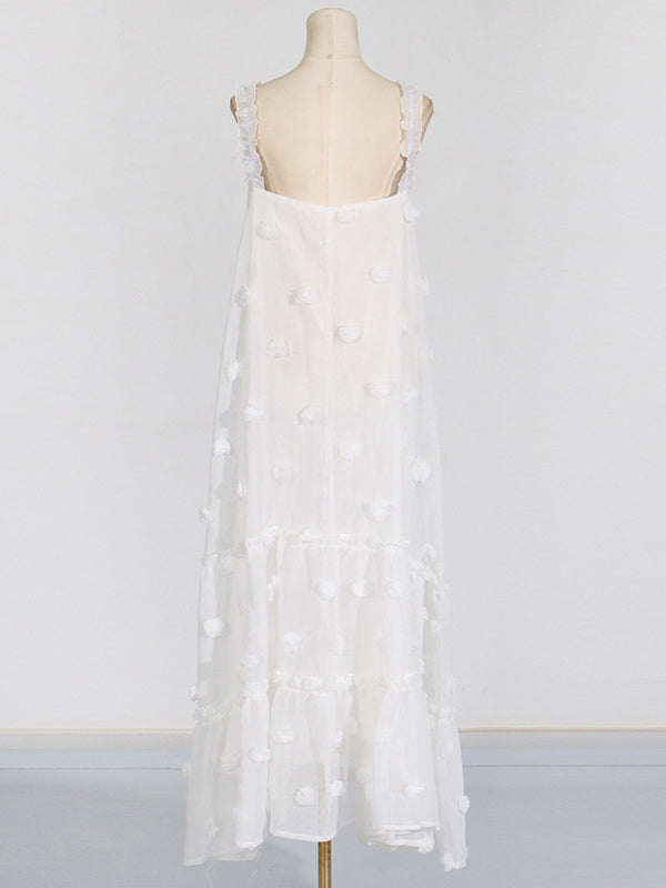 Layered Pleated Split-Joint Three-Dimensional Flower A-Line High Waisted Spaghetti-Neck Maxi Dresses