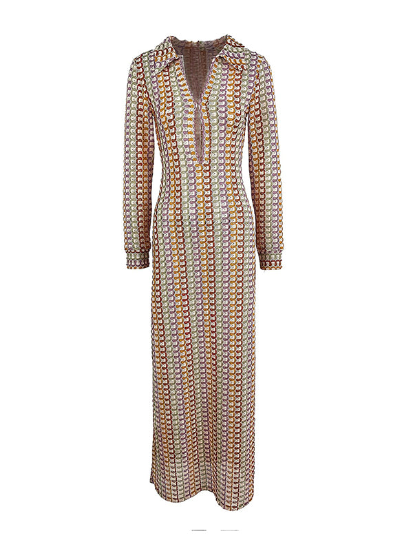 Multicolor Hollow Long Sleeves Bohemia Maxi Dresses