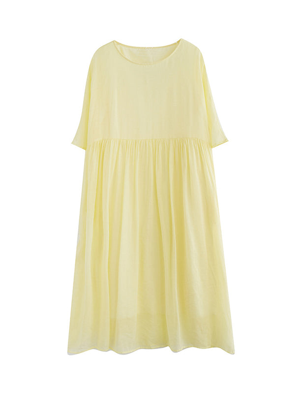 Pleated See-Through Solid Color Split-Joint Loose Short Sleeves Round-Neck Midi Dresses