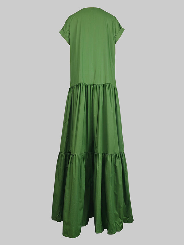 Loose Short Sleeves Pleated Pockets Solid Color Split-Joint V-Neck Maxi Dresses