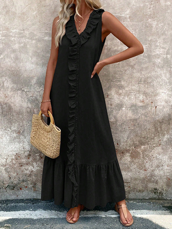 Pleated Ruffle Trim Solid Color A-Line Loose V-Neck Maxi Dresses