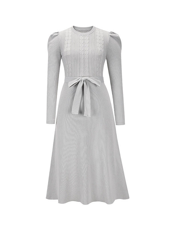 Solid Color Tied Waist High Waisted Long Sleeves Round-Neck Sweater Dresses Midi Dresses