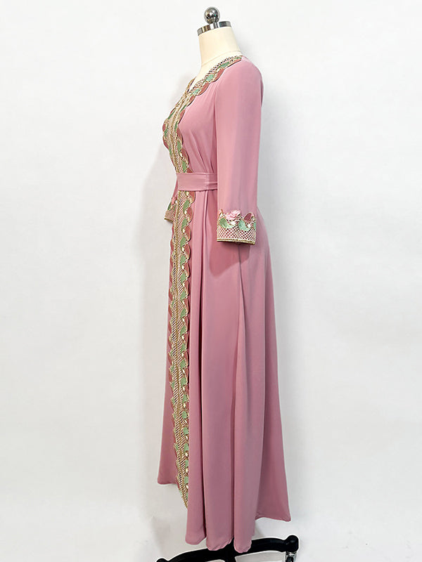 Vacation A-Line Loose Solid Color Patchwork V-Neck Dress