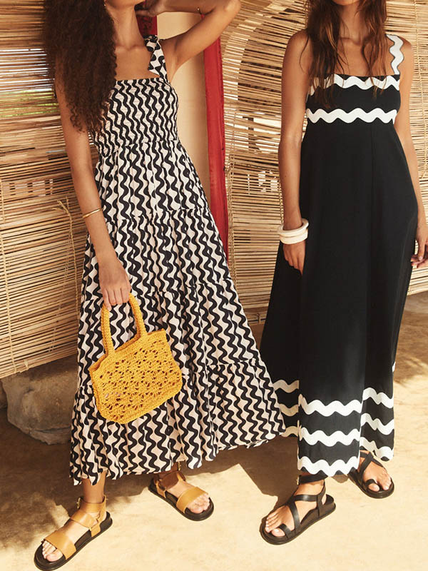 Contrast Color Zipper A-Line High Waisted Square-Neck Midi Dresses