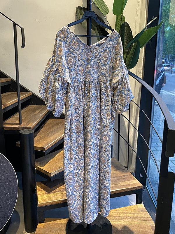 Vintage Floral Printed V-Neck Pleated Puff Sleeves Midi Dress