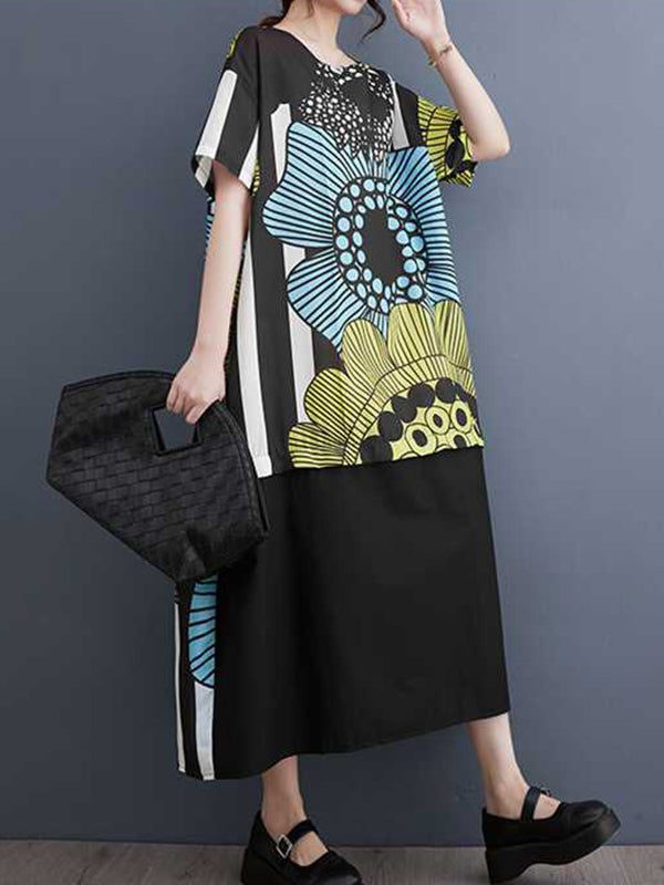 Flower Print Pockets Split-Joint A-Line Loose Round-Neck Midi Dresses