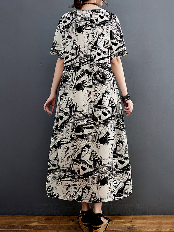 Abstract Printed Half Sleeves Loose Round-Neck Midi Dresses