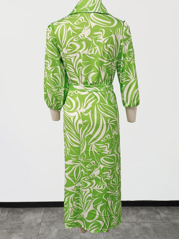 Elasticity Printed Tied Waist A-Line High Waisted Lapel Shirt Dress Midi Dresses
