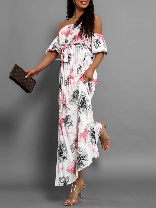 Elasticity Flower Print Pleated Split-Joint Tied Waist A-Line Loose Off-The-Shoulder Maxi Dresses