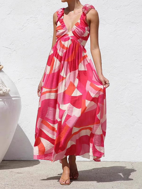 Flower Printed Sleeveless V-Neck Ruffled Elegant Maxi Dresses