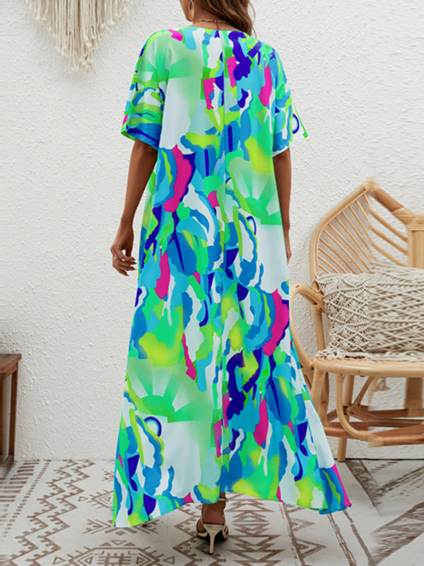 Contrast Color High-Waisted Printed Loose Short Sleeves V-neck Maxi Dresses