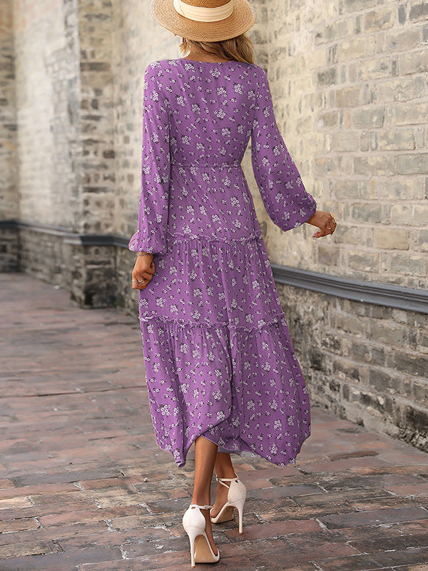 Vacation Puff Sleeves Floral Printed V-Neck Dress