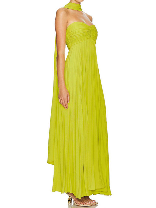 Solid Color Pleated Tube Elegant Maxi Dresses