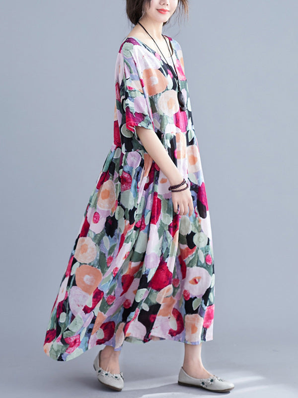 Original Floral Round-Neck Dresses