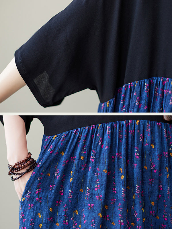 Artistic Retro Loose Half Sleeves Floral Printed Contrast Color Pleated Split-Joint Midi Dresses