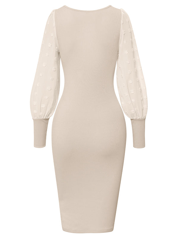Vacation Puff Sleeves Mesh Solid Color U-Neck Dress