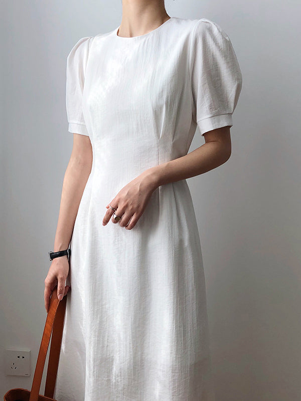 Original Creation Loose Short Sleeves Solid Color Round-Neck Midi Dresses