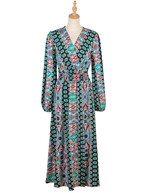 Bohemia A-Line Puff Sleeves Floral V-Neck Dress