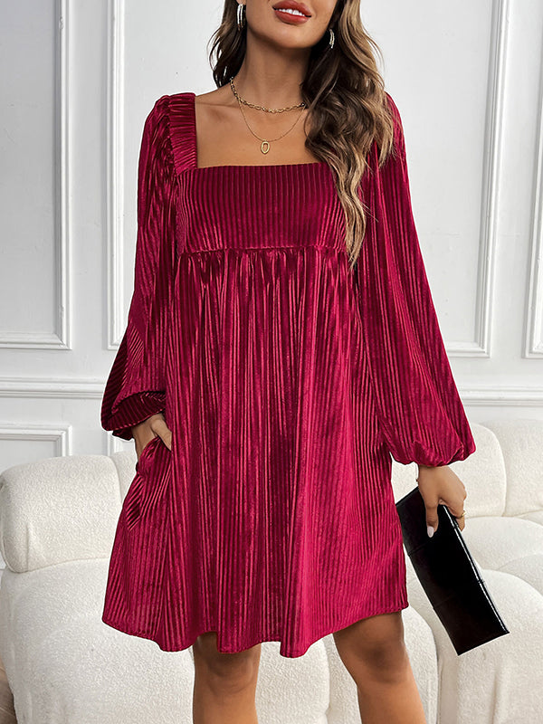 Pleated Shiny Solid Color Tied Velvet A-Line Long Sleeves Square-Neck Mini Dresses