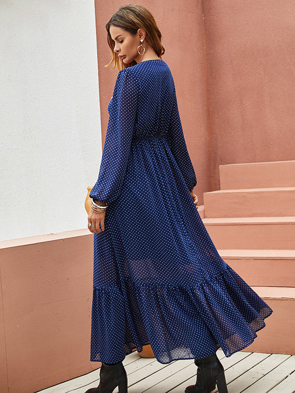Vacation Polka-Dot Embroidered V-Neck Maxi Dress