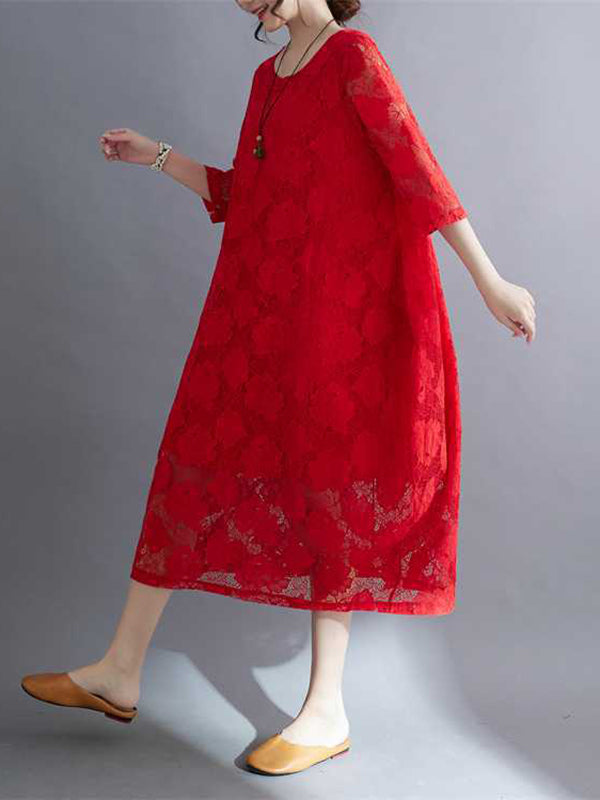 Hollow Solid Color Half Sleeves Loose Round-Neck Midi Dresses