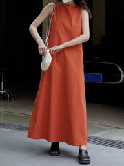 Solid Color Loose Sleeveless Round-Neck Midi Dresses