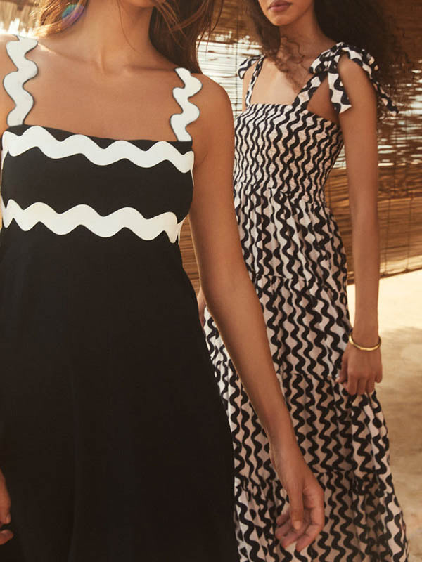 Contrast Color Zipper A-Line High Waisted Square-Neck Midi Dresses