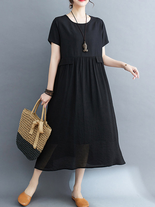 Gauze Solid Color Split-Joint Loose Short Sleeves Round-neck Midi Dresses