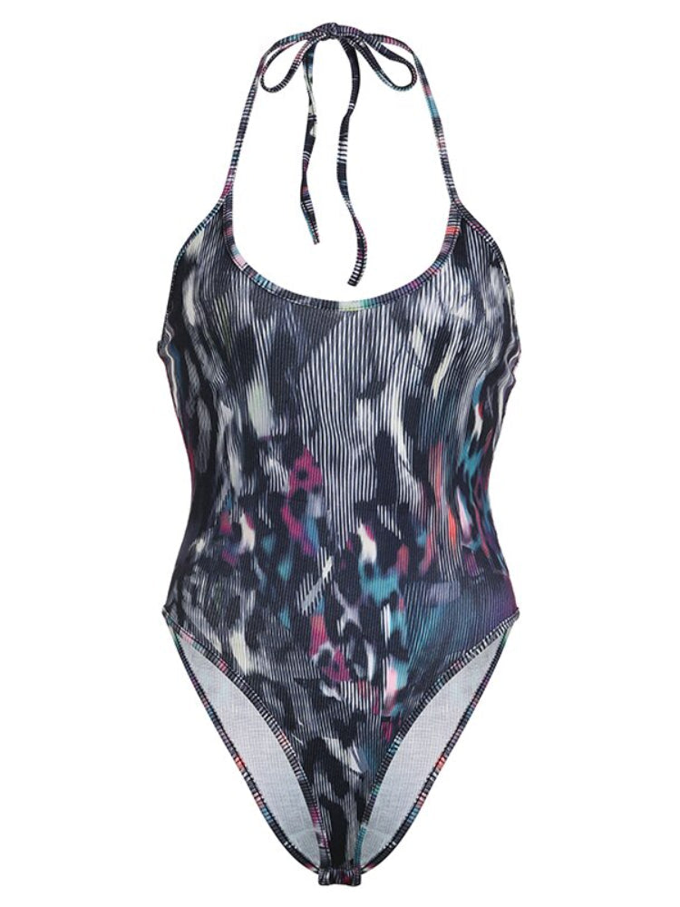 Backless Printed Halter Graffiti Sexy Bodysuit