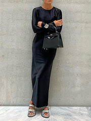 Casual Loose Long Sleeves Solid Color Round-Neck Maxi Dresses