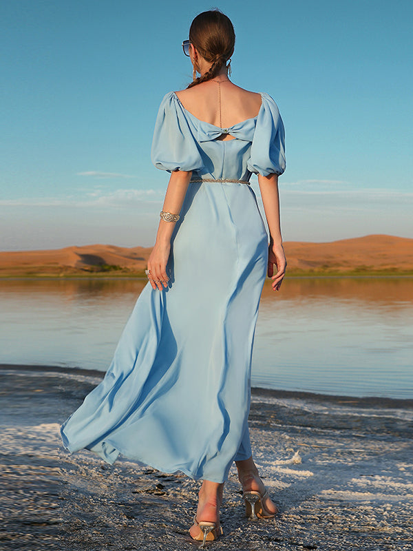 Vacation Loose Puff Sleeves Solid Color One-Shoulder Dress