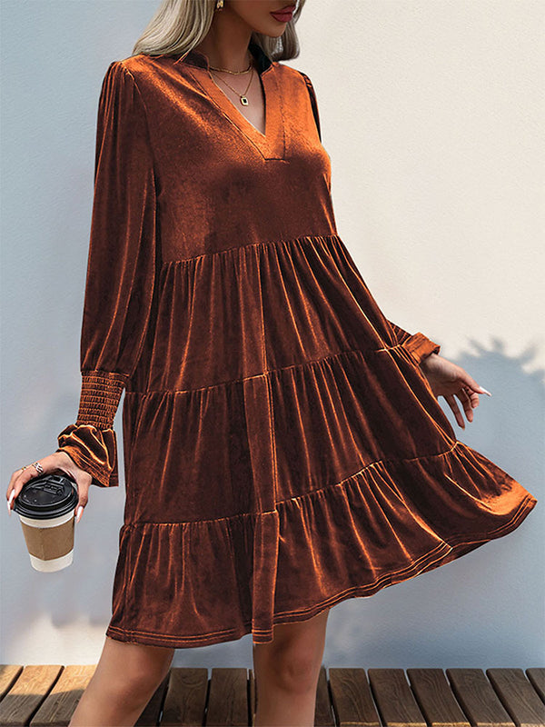 Pleated Solid Color Velvet A-Line Long Sleeves V-Neck Mini Dresses
