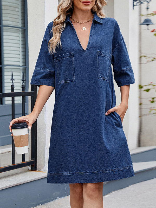 Pockets Solid Color A-line Loose Lapel Mini Dresses