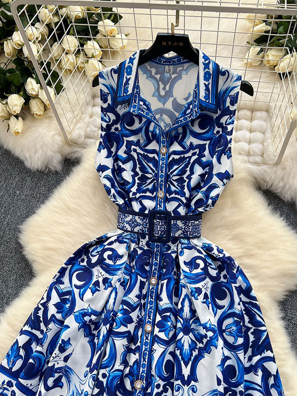 Belt Buckle Buttoned Contrast Color Floral Printed Sleeveless Midi Dresses