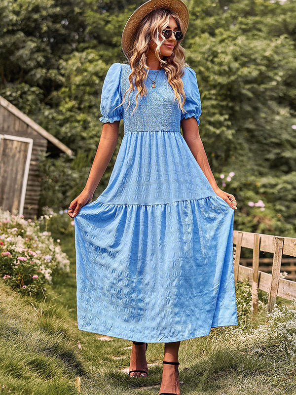 Bohemia Loose High Waisted Solid Color Round-Neck Maxi Dresses