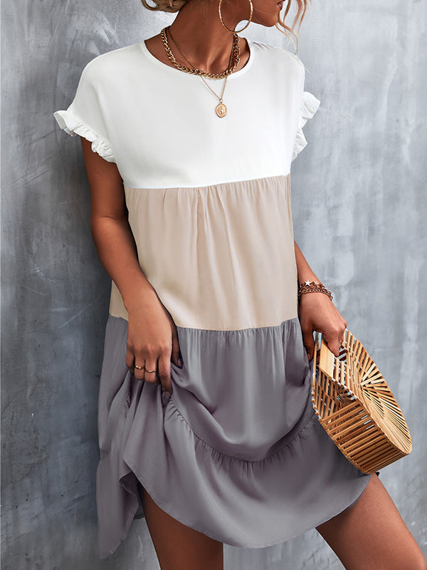 Contrast Color Falbala Pleated Split-Joint Loose Ruffle Sleeves Round-Neck Mini Dresses