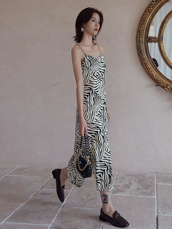 Vacation H-Line Sleeveless Zebra-Stripe V-Neck Dress