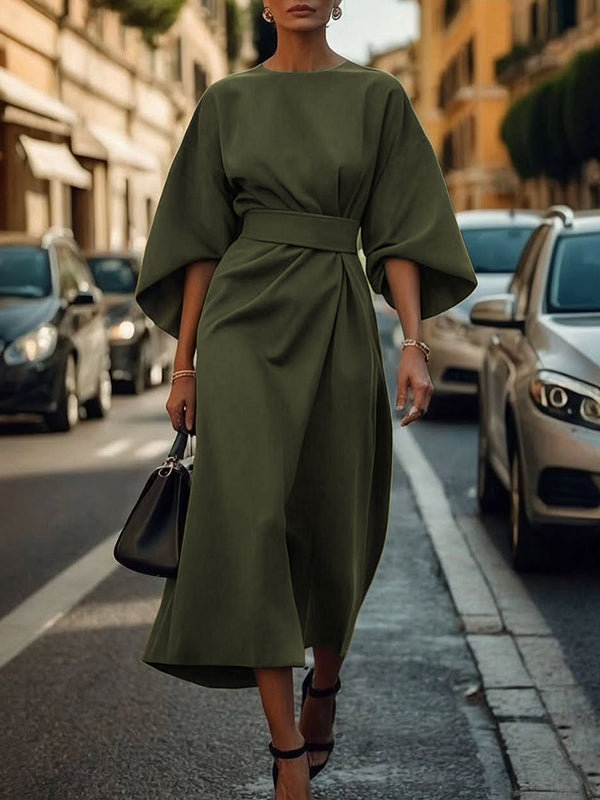 Pleated Solid Color Split-Joint Loose Puff Sleeves Round-neck Midi Dresses