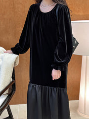 Contrast Color Pleated Ruffled Split-Joint Velvet Flared Sleeves Long Sleeves Round-Neck Midi Dresses