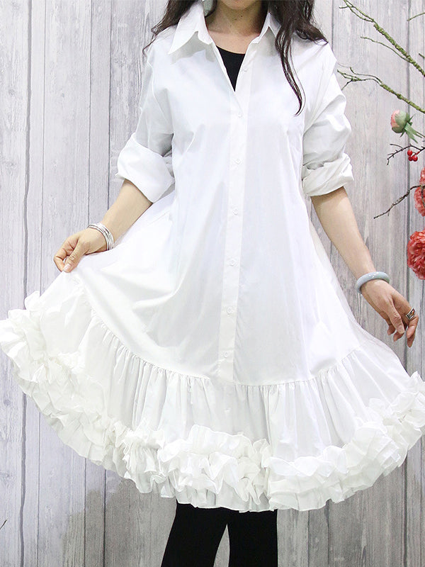 Buttoned Pleated Ruffled Solid Color Long Sleeves Loose Lapel Shirt Dress Midi Dresses