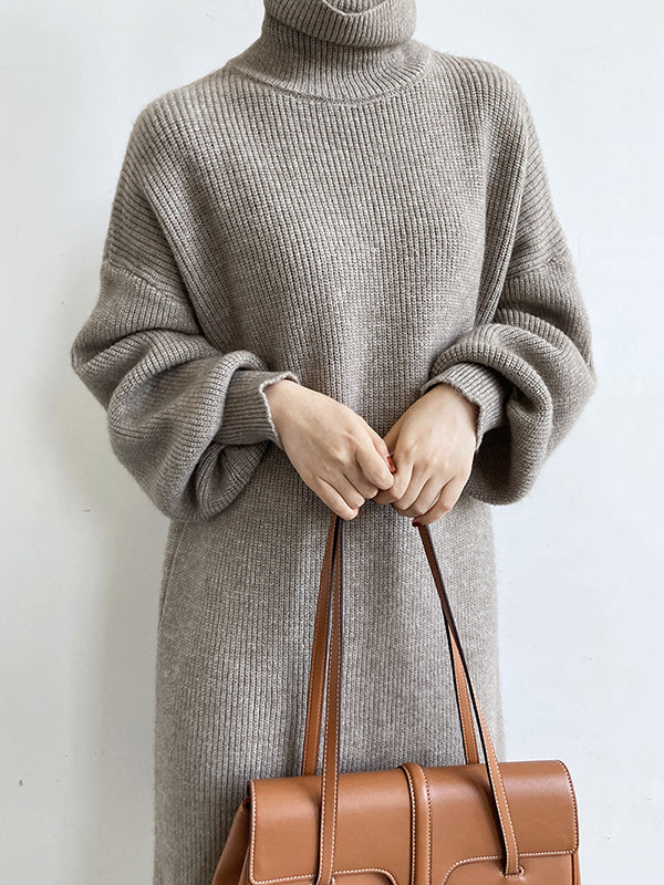 Urban Loose Puff Sleeves Solid Color High-Neck Sweater Dresses