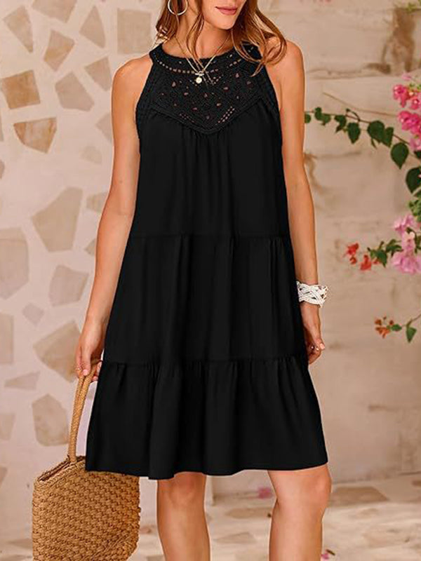 Hollow Pleated Solid Color Split-Joint Loose Sleeveless Round-Neck Mini Dresses