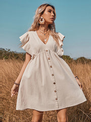 Vacation Buckle Solid Color V-Neck Mini Dress